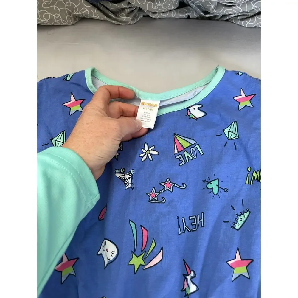 Gymboree Blue Dress with unicorns and cats rainbows size 7/8
